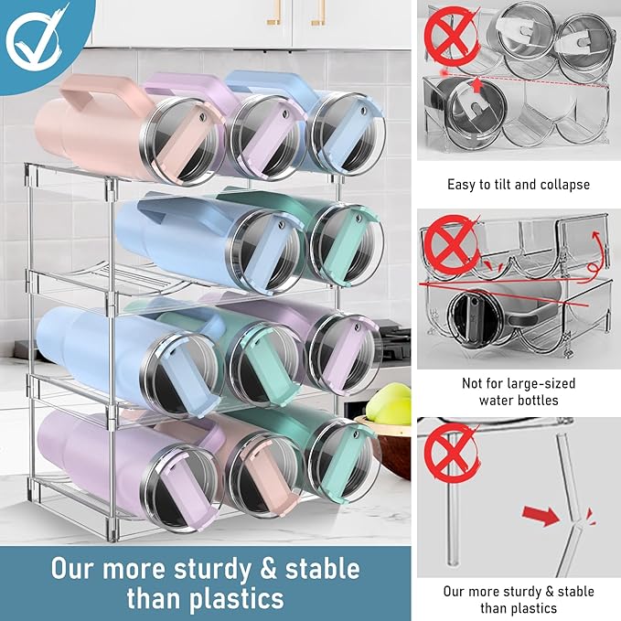 Water Bottle Organizer Stanley Cup Holder, 4-Tier Tumbler Storage, Stackable Water Bottle Holder for Kitchen Cabinet Pantry, Large Compartment fits 40 oz Tumblers, Stanley Accessories
