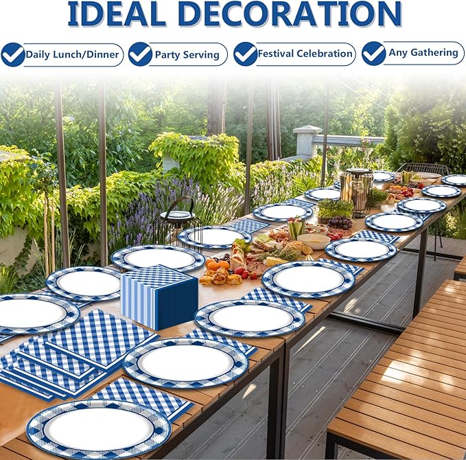 Gingham Oval Paper Plates 11inch Blue and White Checkered Plates and Napkins, Blue and White Plaid Birthday Tableware Outdoor for BBQ Gathering Picnic Blue Boys Theme Party Supplies, 25 Guest