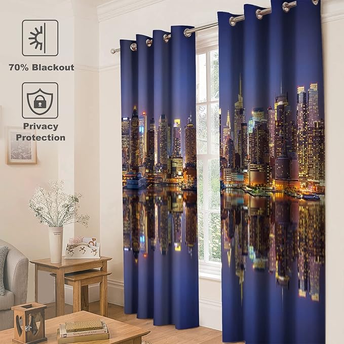 Jekeno City Landscape Blackout Curtains New York Manhattan Midnight Cityscape Ocean Reflection by The Coast Scenery Urban Decor for Bedroom Living Room Grommet Window Drapes 2 Panel Set, 52"x63"