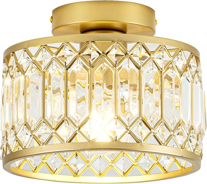 Crystal Ceiling Light, Modern Semi Flush Mount Ceiling Light, Gold Crystal Chandelier for Kitchen Bedroom Bathroom Entryway (Bulb not Included)