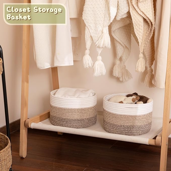 OIAHOMY Small Storage Baskets for Organizing,Closet Cube Shelf Storage, 9.8”×9.8”×7.1”, Woven Cotton Rope Gift Baskets for Nursery,Cute Dog Toy bins, Round 3 Packs, Gradient Brown