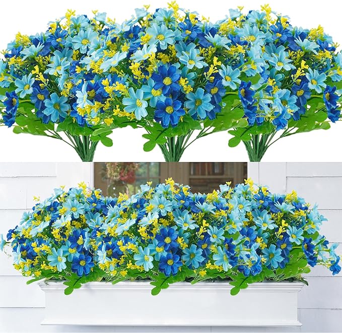 Uieke Artificial Fake Flowers, 6 Bundles Daisy Mums Flowers Outdoor UV Resistant No Fade Greenery Shrubs Plants Indoor Outside Hanging Planter Home Wedding Office DIY Garden Porch Décor (Blue)