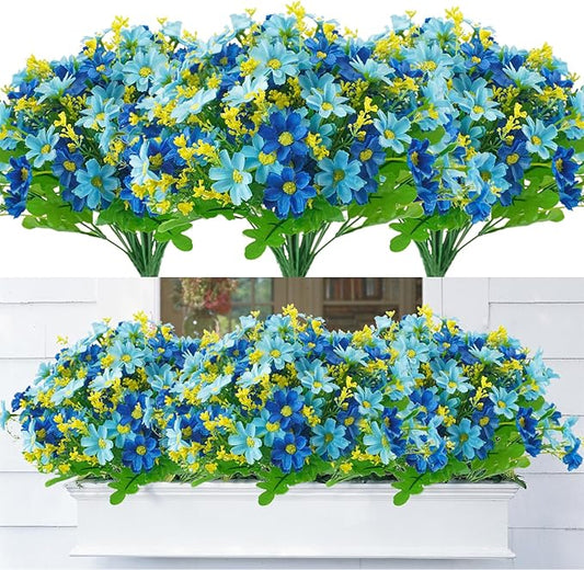 Uieke Artificial Fake Flowers, 6 Bundles Daisy Mums Flowers Outdoor UV Resistant No Fade Greenery Shrubs Plants Indoor Outside Hanging Planter Home Wedding Office DIY Garden Porch Décor (Blue)