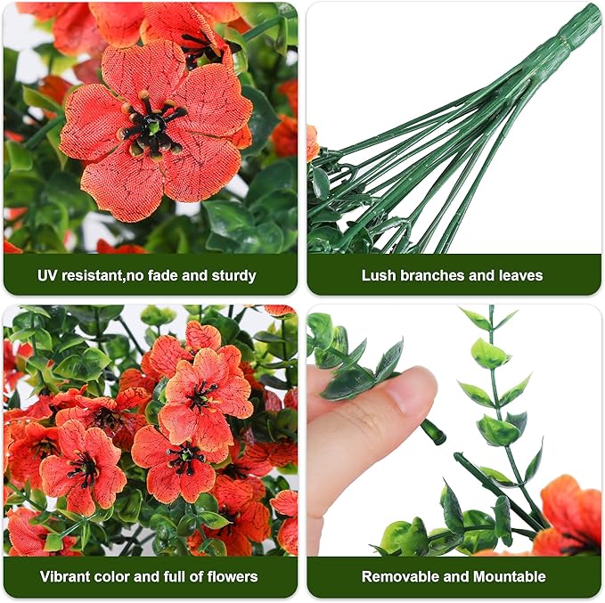 HyeFlora Artificial Fall Flowers for Outdoors Fake Hanging Decoration, 2Pcs Orange Daisy with Autumn Leaves, Realistic Plants Decor, UV & Fading Resistant Silk Flower for Porch Patio Balcony