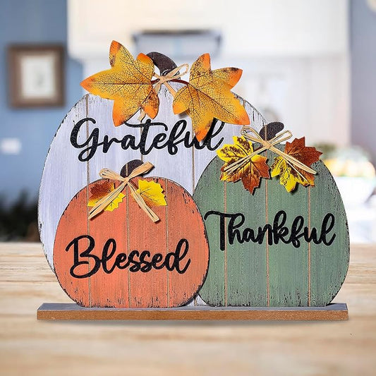 Fall Decoration Signs, Grateful Blessed Thankful Fall Decor for Fireplace and Tabletop Centerpiece Cozy Wooden Rustic Pumpkin Design for Halloween, Thanksgiving, and Autumn Holiday Indoor (3pcs)