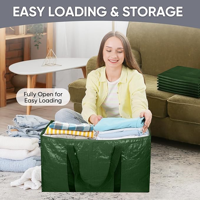 TICONN 2 Pack Extra Large Moving Bags with Zippers & Carrying Handles, Heavy-Duty Storage Tote Moving Boxes for Space Saving (2 Pack, Olive)