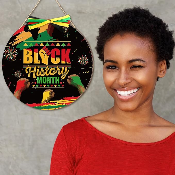 Boao 12 Inch Welcome Black History Month Wooden Hanging Sign Black History Month Decorations African American Heritages Door Wreath for Outdoor Porch Front Door Holiday Decor