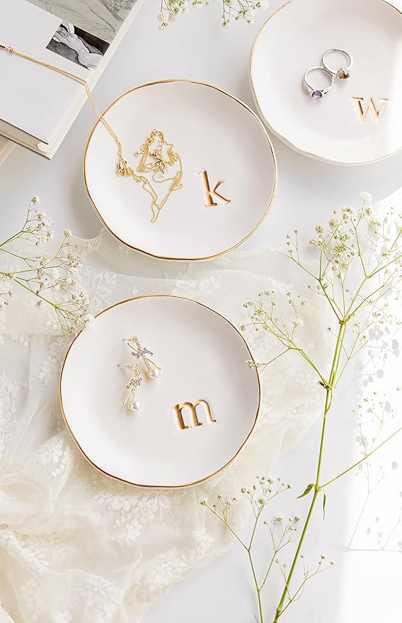 COLLECTIVE HOME - Ceramic Jewelry Tray, Decorative Trinket Dish for Rings Earrings Necklaces Bracelet Watch Keys, Birthday Mother's Day Christmas Gift for Women, 4.75", White Surface (u)