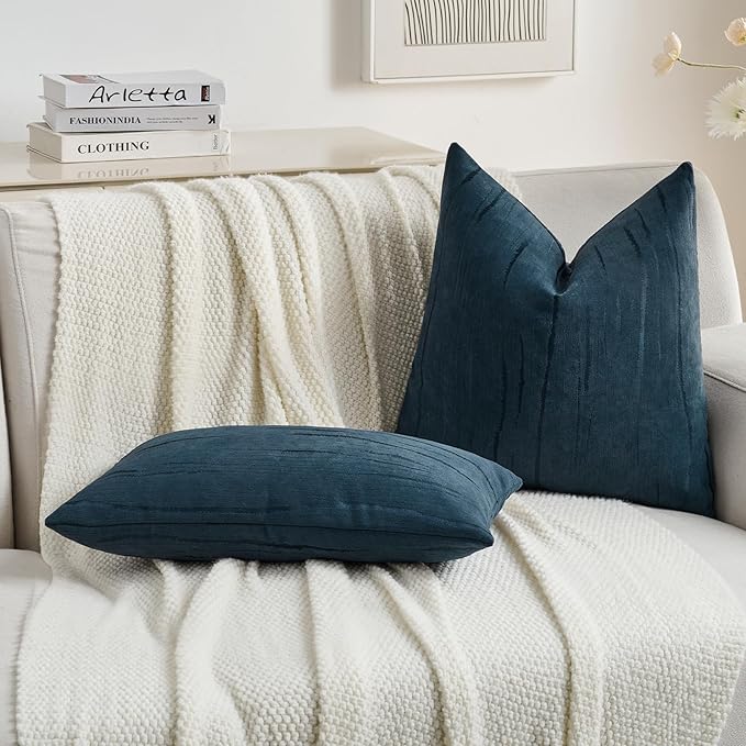FUTEI Navy Blue Chenille Decorative Throw Pillow Covers 12x20 Inch Set of 2,Soft Embossed Striped Textured Lumbar Pillow Cases,Modern Home Decor for Couch Bed Living Room