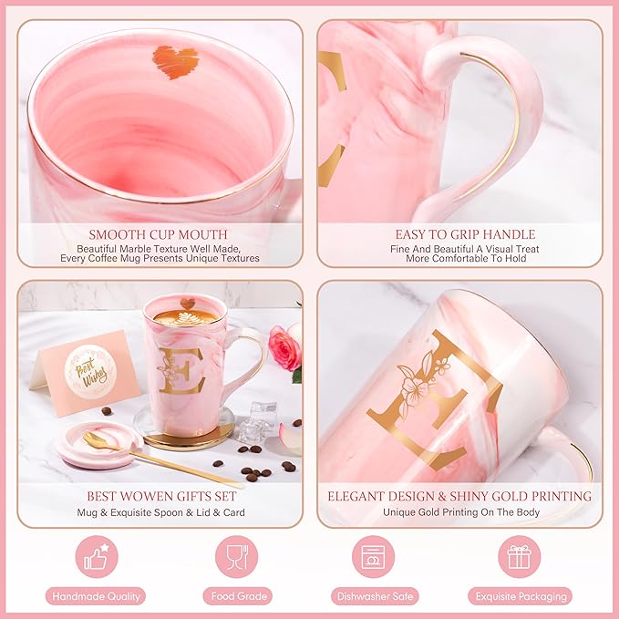 Birthday Gifts for Women, Personalized Ceramic Women Coffee Mug with Lid,14 Oz Pink Initial Mug Customized Gift, Christmas New Moms Mother's Day Gifts for Her Mom Grandma Friend Sister Wife Unique,E