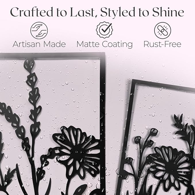 GALLERY GRACE Floral Metal Wall Art for Living Room - 4 Pieces, 16" x 11" Handmade Floral Metal Wall Decor for Bedroom, Living Room, Office - Modern, Boho, Minimalist Style