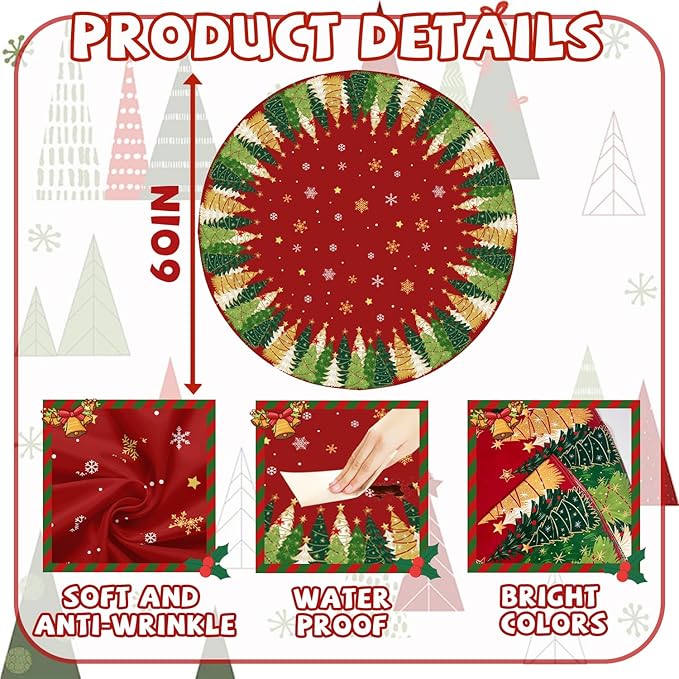 Christmas Round Tablecloth 60x60 Inch Xmas Snowflakes Trees Table Cover Holiday Decorations Seasonal Decor for Home Kitchen Dining Room Picnic Party Winter Red