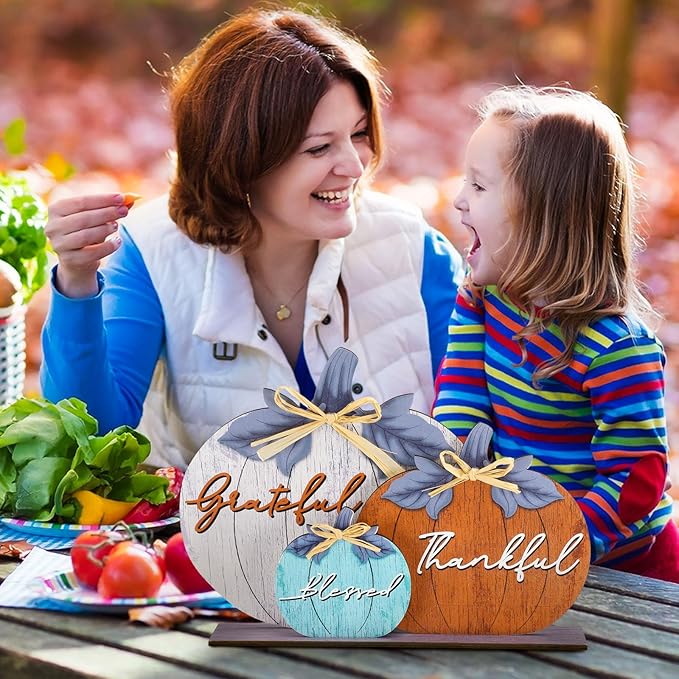 Soaoo Fall Pumpkin Table Decorations Wooden Thankful Blessed Centerpiece Autumn Grateful Tabletop Decor Farmhouse Harvest Pumpkin Block Signs for Party Rustic Table Shelf Decor Home(Vivid)
