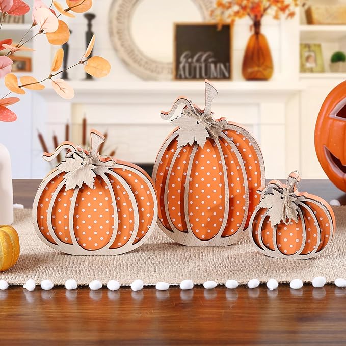 Fall Decor- 3pcs Wooden Pumpkin Decorations for Autumn Thanksgiving Home Table Shelf Mantel Fireplace Party Decor