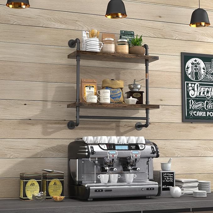 Helsin 24inch Industrial Pipe Shelving Bathroom Shelves Wall Mounted with Towel bar, 2 Tier Rustic Wood Floating Shelf, Metal Towel Rack Wall Shelf for Home & Bathroom (Brown, 24inch)