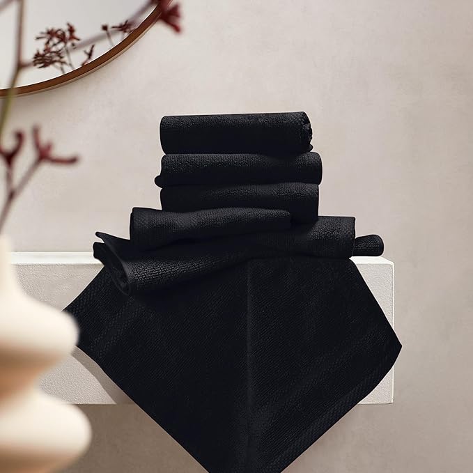 GLAMBURG Ultra Soft 12-Piece Washcloths Set 13x13-100% Ringspun Cotton - Durable & Highly Absorbent Face Towels - Ideal for use in Bathroom, Kitchen, Gym, Spa & General Cleaning - Black