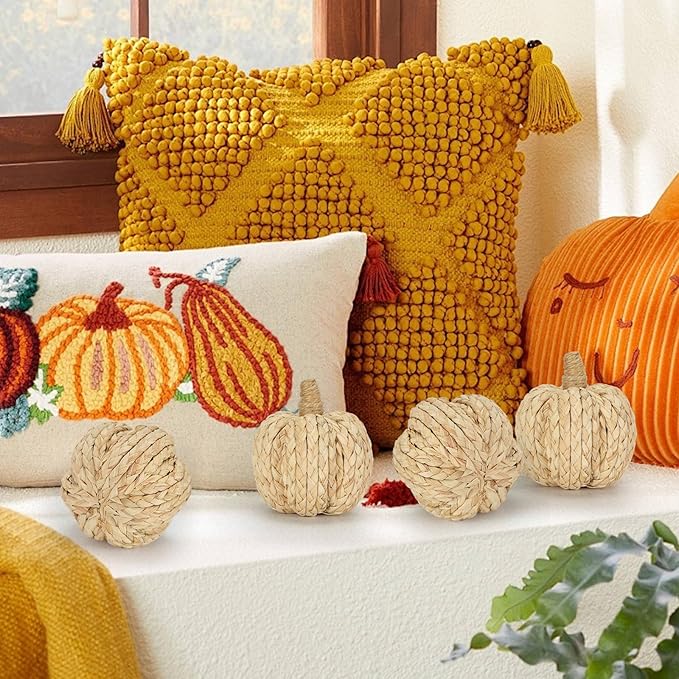 naturevibe 4.3 Inches Braided Cornhusk Pumpkin Decor Set of 4 as Centerpieces for Tables,Natural Corn Stalks Woven Pumpkins for Fall Home Decor,Thanksgiving Decorations or Autumn Harvest Gifts