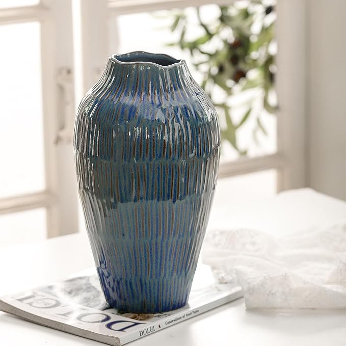 Blue Ceramic Vase for Home Decor,11.6 Inch Flower Vase，Decorative Vases for Pampas Grass，Modern Art Texture Vases for Home Entryway Living Room Dining Table Farmhouse Office Decor-Blue