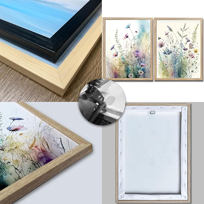 Framed Colorful Flowers Bathroom Wall Art Decor, Blue Floral Picture Canvas Print White Daisy Painting Artwork for Bedroom Office Decoration 12"x16"x2 Panels