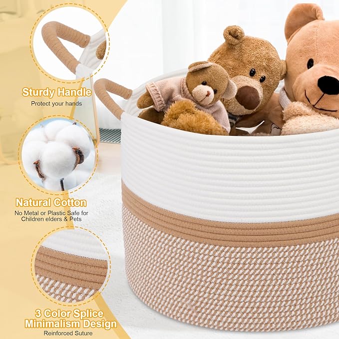 Laundry Basket,Laundry Hamper,20''x13''Woven Cotton Rope Blanket Basket in Living Room;Toy storage;Nursery hamper,Pillows,Girls Kids Baby Toy chest,Baskets for storage,Decor (White/Brown)