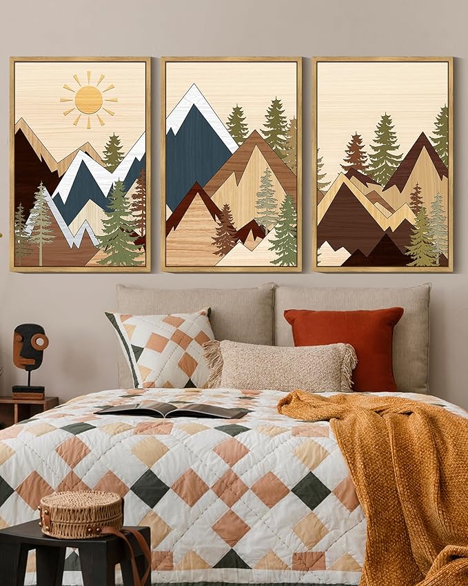KUVIOKE Morden Mountains Pine Tree Forest Framed Wall Art Sunrise Boho Nature Landscape Artwork Bohemain Farmhouse Bedroom Living Room Decor 16x24in (Natural Framed)