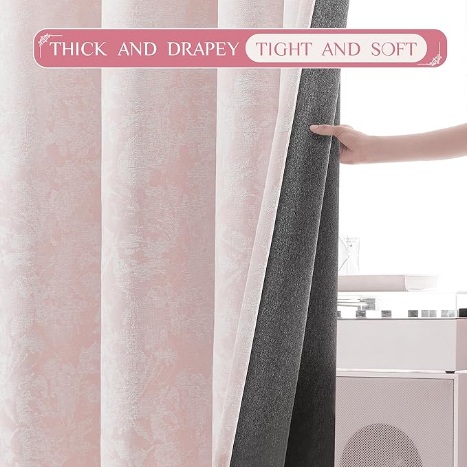 Beauoop Pink Floral Jacquard Blackout Curtains 120 Inches Long 2 Panels for Bedroom Living Room Chenille Flower Room Darkening Thermal Soundproof Grommet Window Treatments Drapes, 52x120