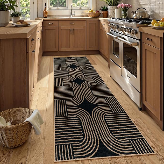 Lahome Modern Geometric Black Runner Rug, 2x8 Indoor Outdoor Hallway Kitchen Runner Rug with Rubber Backing, Farmhouse Washable Non Slip Non Shedding Floor Carpet for Bedroom Entry Patio