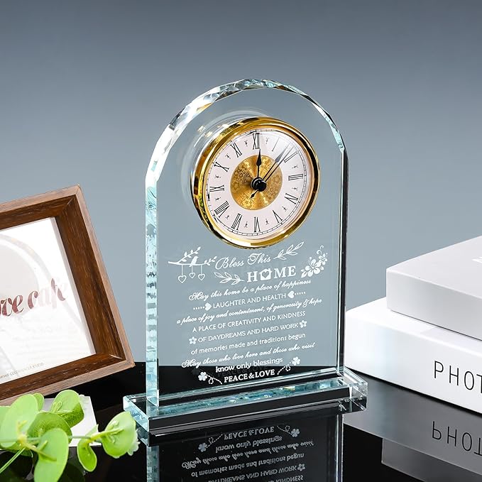 YWHL House Warming Gifts New Home Crystal Glass Clock Housewarming Gifts for Women Men Best Housewarming Gift Ideas Home for Couple Presents House Blessing Warming Gifts New Apartment