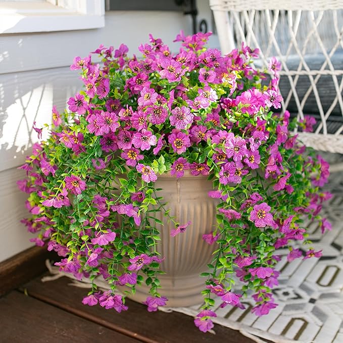 Artificial Flowers for Outdoors Garland Decoration, 2Pcs Purple Fake Hanging Flowers, UV & Fading Resistant, Faux Decor for Home Porch Patio Balcony Planter Yard