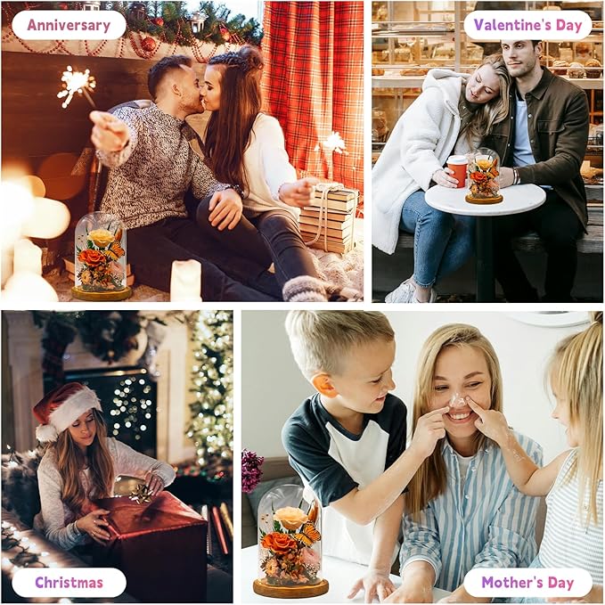 Eternal Flowers with Butterfly: Forever Flower Arrangement-Elegant Preserved Flowers in Glass Dome-Romantic Valentines, Anniversary, Mom Gifts for Her-Flowers for Delivery Prime (Orange)