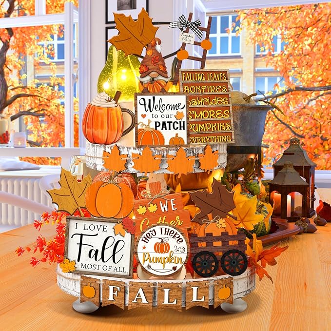 21 Pcs Fall Tiered Tray Decoration Set Thanksgiving Table Sign Pumpkins Farmhouse Decor Gnome Maple Leaves Centerpieces Harvest Wood Blocks Signs Fall Block Tabletop for Autumn(Gnome)