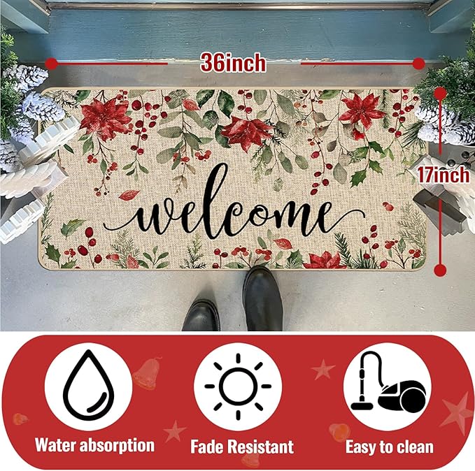 ORTIGIA Welcome Christmas Poinsettia Doormat Indoor Outdoor, Winter Holly Berry Patio Door Mats Non-Slip Durable Door Mat for Home Entrance, Outside Entry, Yard, Floor, Patio 17x36 Inch