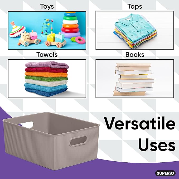 Superio Ribbed Collection - Decorative Plastic Lidded Home Storage Bins Organizer Baskets, Large Taupe (2 Pack - 15 Liter) Stackable Container Box, for Organizing Closet Shelves Drawer Shelf