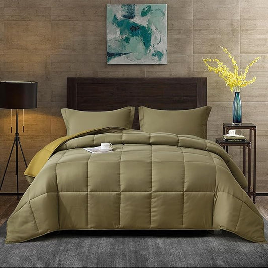 HIG 3pc Dark Olive Queen Size Comforter Set - All Season Reversible Down Alternative Comforter with Two Shams - Quilted Duvet Insert with Corner Tabs - Box Stitched Blanket - Breathable, Soft, Fluffy