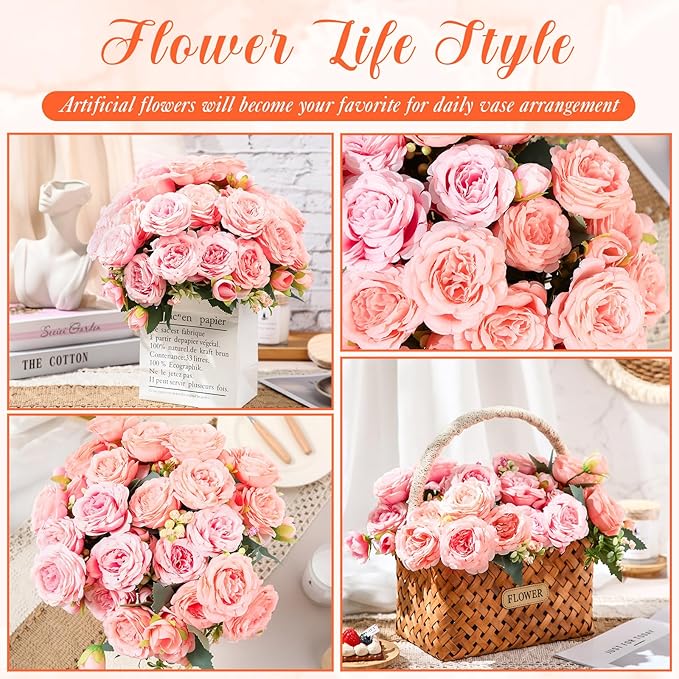 Geosar 8 Bundles Artificial Peonies Flowers Fake Silk Peony Bouquet Faux Peonies Flowers Bulk for Decoration Vase Florals Arrangements Wedding Party Table (Peach Pink,Light Pink)