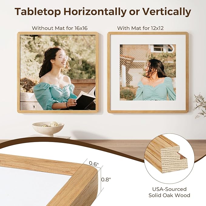 16x16 Picture Frame, Square 16 by 16 Frames for Wall - Solid Oak Wood & Tempered Glass, 16 x 16 Wood Frame Matted to 12 x 12, Square Picture Frame 16"x16" for Home Decor, Natural Oak Color, 1 Pack