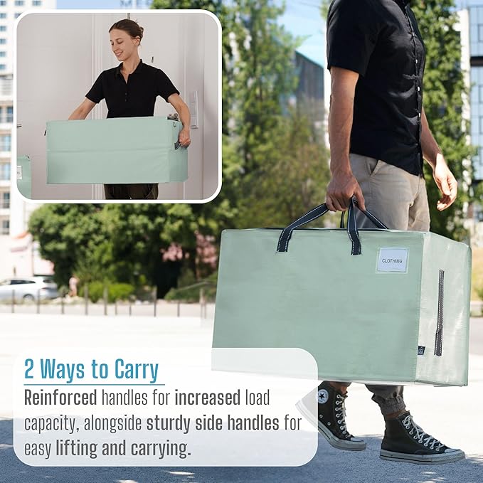 VENO 10 Pack Moving and Storage Bags, Heavy Duty, Alternative to Moving Boxes, Large Packing Totes Supplies for College Dorm Room with Zipper for Clothes, Wide Open Design (Shiny Light Green, 10 Pack)