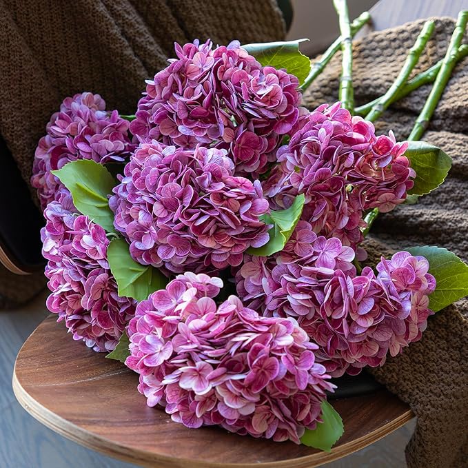 3PCS 22 inch Realistic Artificial Hydrangea Large Real Touch Flowers Artificial Flowers Dry Flowers Outdoor Wedding Christmas Office Family Party Living Room Table Decoration (Rose Red)