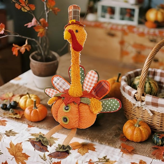 winemana Thanksgiving Decoration 31.5" x 18.5" Plush Turkey with Stretchable Head, Handmade Stuffed Sitting Turkeys Fall Decorations for Indoor Home Tabletop Party Autumn Decor (Cock)