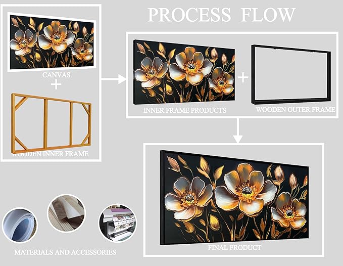 Gold Flower Canvas Art Wall Decor for Bedroom - Gold and Black Art Work for Living Room Walls - Framed Hand Painted Wall Art Size 29" x 59"