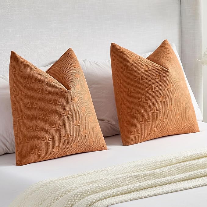 FUTEI Burnt Orange Chenille Decorative Throw Pillow Covers 18x18 Inch Set of 2,Soft Cozy Striped Geometric Patterns Cushion Case,Modern Home Decor for Couch Bed Living Room
