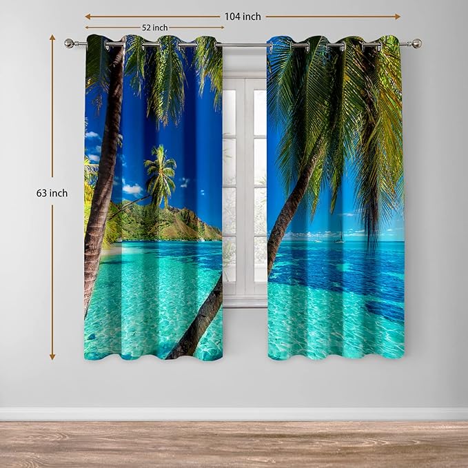 Jekeno Ocean Palm Tree Blackout Curtains Tropical Beach Theme Clear Sea Island View Seaside Scenery Print Grommet Window Drapes Decor for Bedroom Living Room Blue 2 Panel Set, 52"x63"