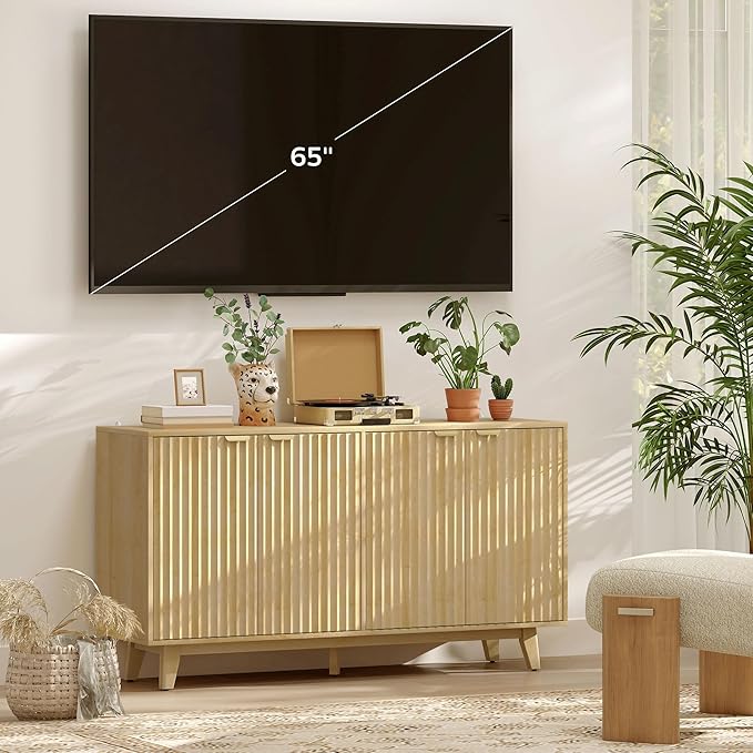 HOMCOM Fluted Sideboard Buffet Cabinet, 55" Modern Accent Console Cabinet with 4 Doors, 2 Adjustable Shelves and 5 Wood Legs, Oak