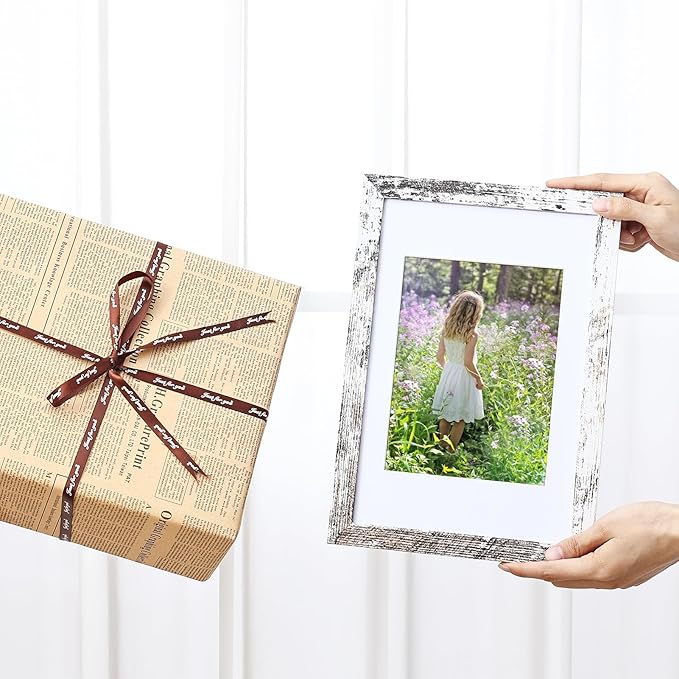 Vittanly 8x12 Picture Frames Set of 9, Shatter Resistant Plexiglass, Display 6x8 Pictures with Mat or 8x12 without Mat, Photo Frames for Wall or Tabletop, Engineered Wood, Distressed White