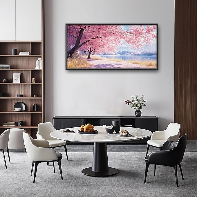 Cherry Blossoms Large Framed Wall Art Pink Tree of Life Pictures Oversized Natural Lake Landscape Wall Decor Spring Canvas Print Painting Modern Artwork for Living Room Bedroom Office Dining Room Home Decor 60L"x30W"