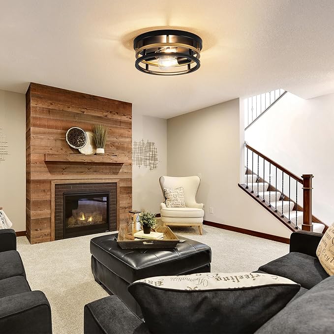 2 Light Industrial Ceiling Light Black Gold Semi Flush Mount Lights Close to Ceiling Light Fixtures,cage design Farmhouse Ceiling Lighting for Kitchen Bedroom Bathroom Foyer Hallway (E26, 2Pack)