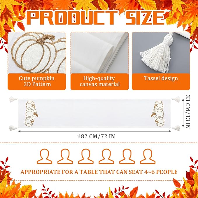 Breling Thanksgiving Fall Pumpkin Table Runner Thanksgiving Pumpkin Rectangle Table Runner Fall Autumn Harvest Decoration for Kitchen Dining Home Dinner Party 13x72 Inch(White)