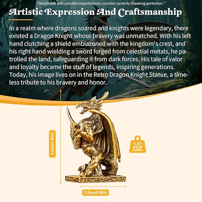 CHOVY Retro Handcrafted Dragon Knight Statue - 100% Solid Brass Armored Warrior with Sword & Shield, Vintage Style Collectible Art Piece for Home Unique Gift for Fantasy Lovers & Medieval Collectors