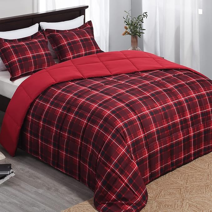 Basic Beyond Queen Comforter Set - Red and Black Buffalo Plaid Comforter Set Queen Down Alternative Bed Comforter Queen Set for All Season(1 Comforter with 2 Pillow Shams, 88" x 92")