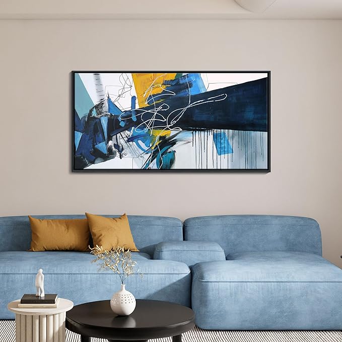 KLAKLA Large Abstract Canvas Wall Art for Living Room - Blue and white Framed Wall Decor Living Room Picture Artwork for Office Bedroom Decorative Paintings